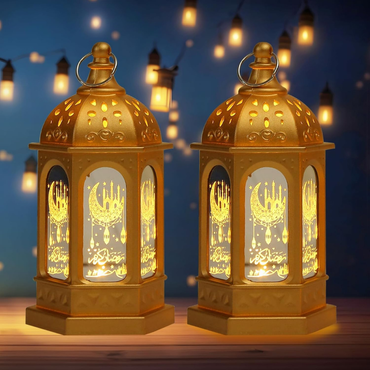 Ramadan Mubarak LED Decorative Lanterns Set of 2 Hanging Flameless Candle Lamps