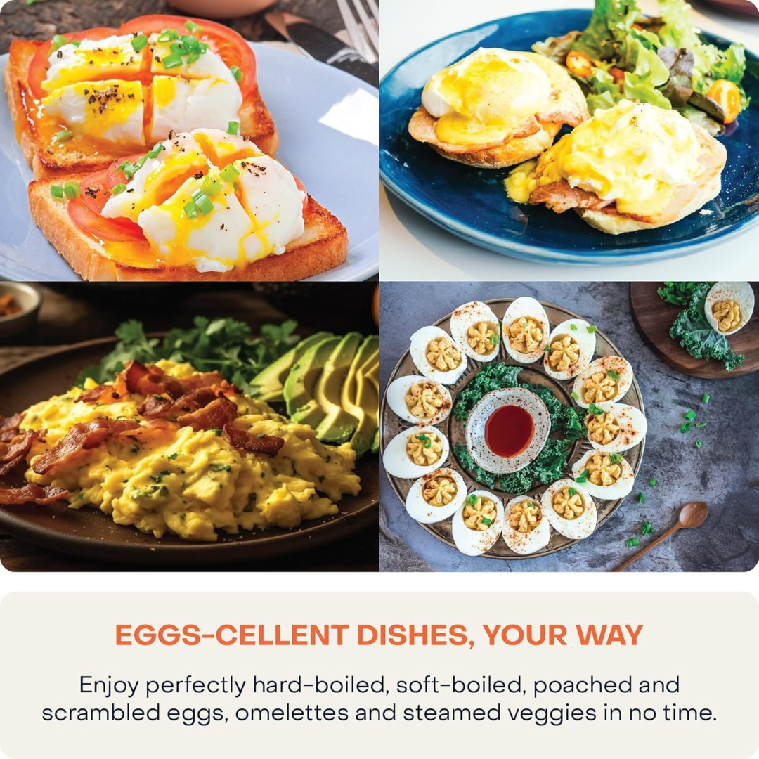 Collage of various egg dishes including toast, salad, and platter with text 'Eggs-cellent Dishes, Your Way'.