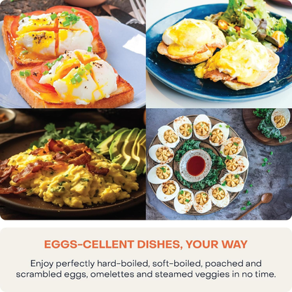 Collage of various egg dishes including toast, salad, and platter with text 'Eggs-cellent Dishes, Your Way'.