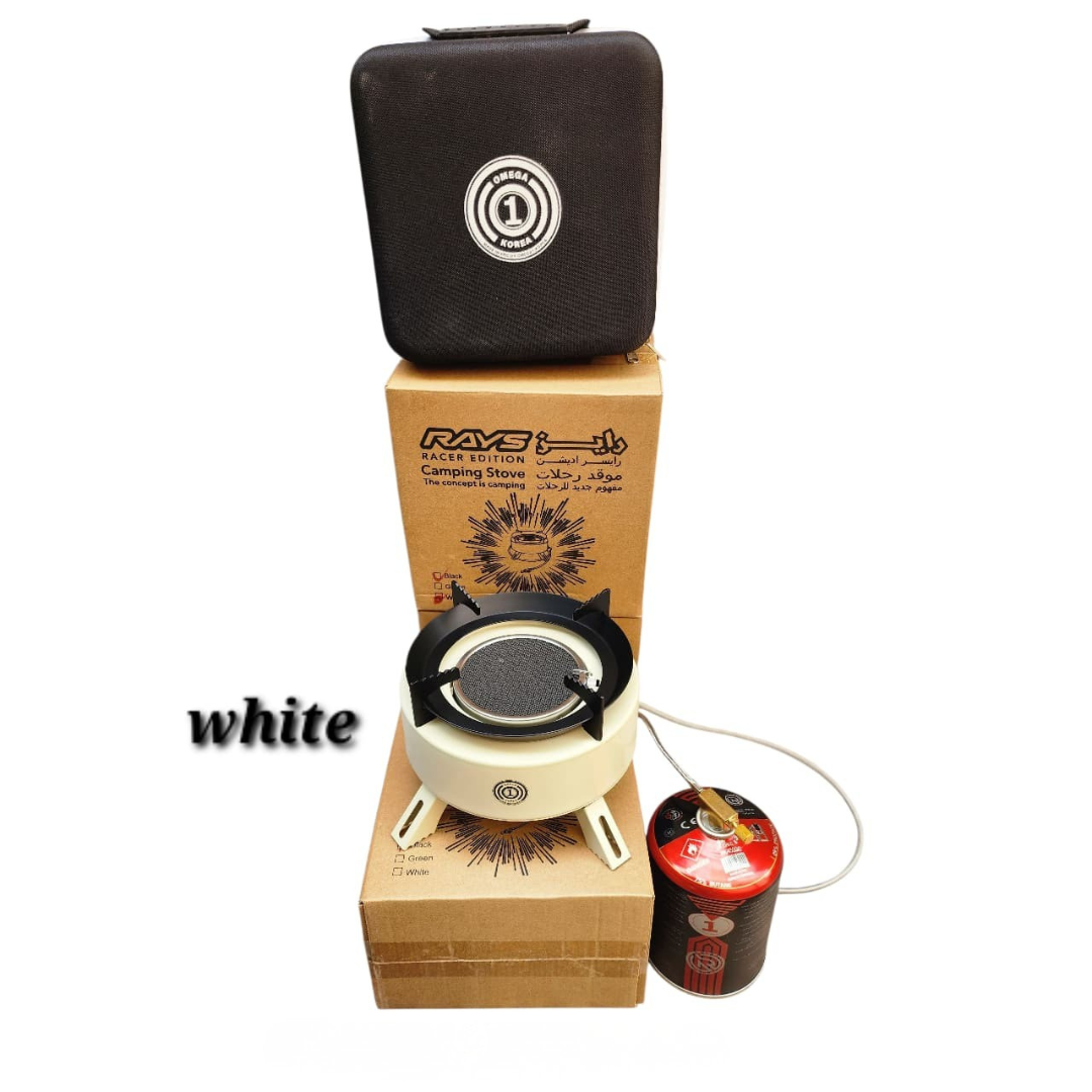 Camping stove with carrying case and fuel canister on a white background