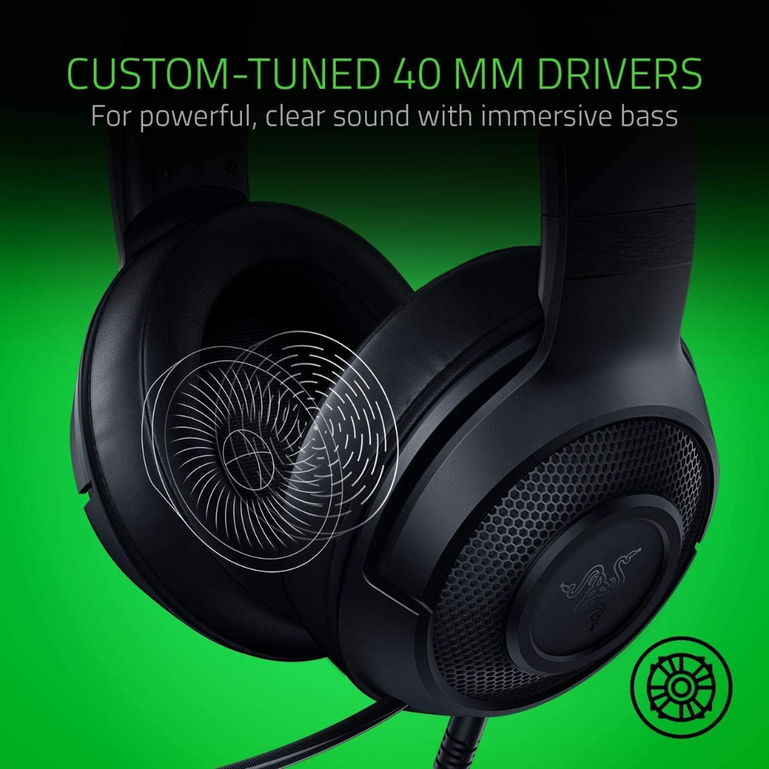 Black headphones with a close-up of a driver on a green background, highlighting 'Custom-Tuned 40 MM Drivers'.