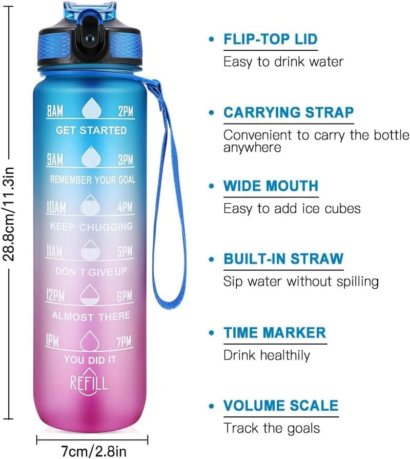 Ritte 1L Motivational Water Bottle with Time Markings & Straw