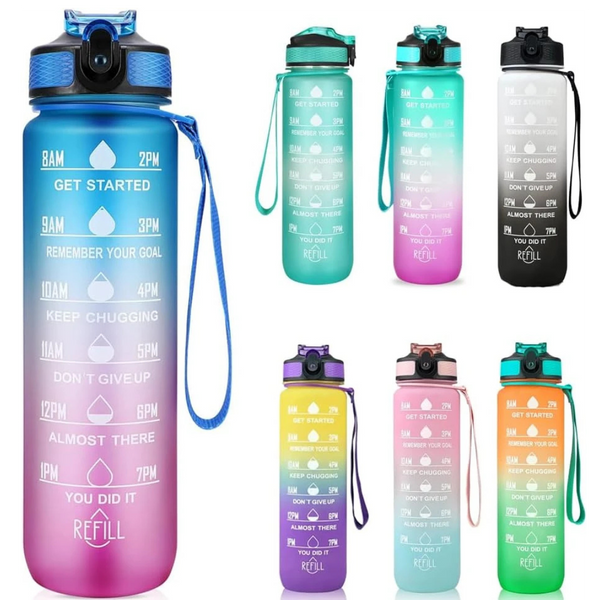Ritte 1L Motivational Water Bottle with Time Markings & Straw