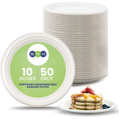 SNH Eco-Friendly 10-Inch Biodegradable Bagasse Plates (50 Pack)