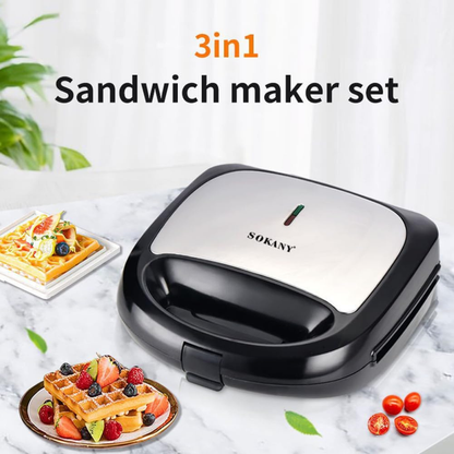 SOKANY 3-in-1 Compact Sandwich and Waffle Maker with Removable Non-Stick Plates..