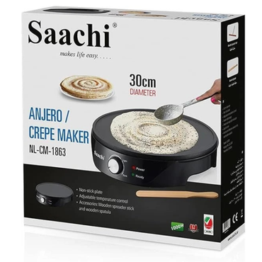 Saachi Anjero Crepe Maker packaging with product image and features on a white background