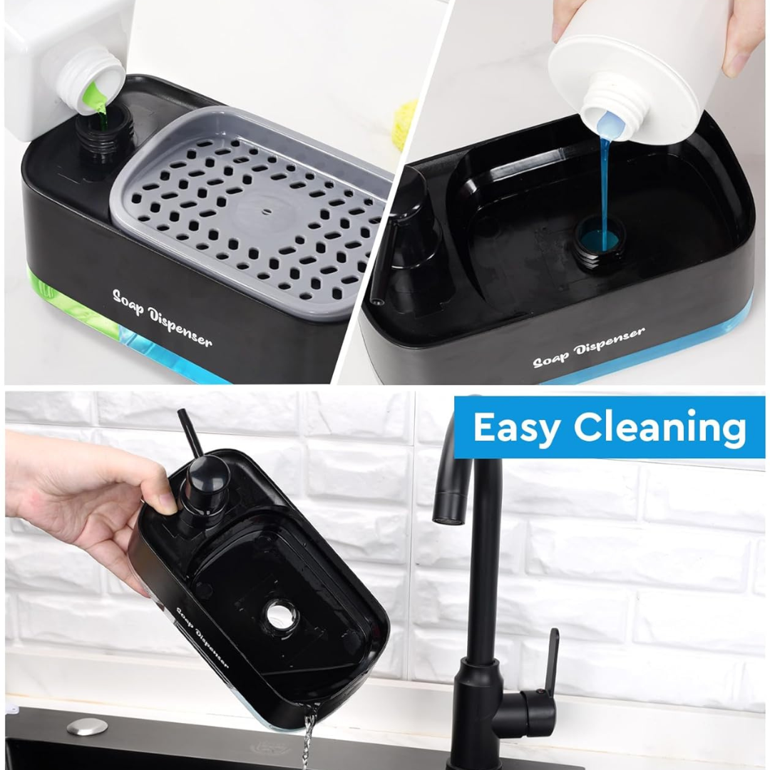 Soap dispenser with cleaning process shown on a tiled wall background