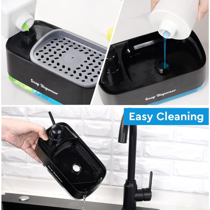 Soap dispenser with cleaning process shown on a tiled wall background