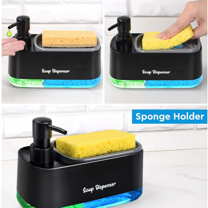 Black soap dispenser with sponge holder on a white tiled wall background