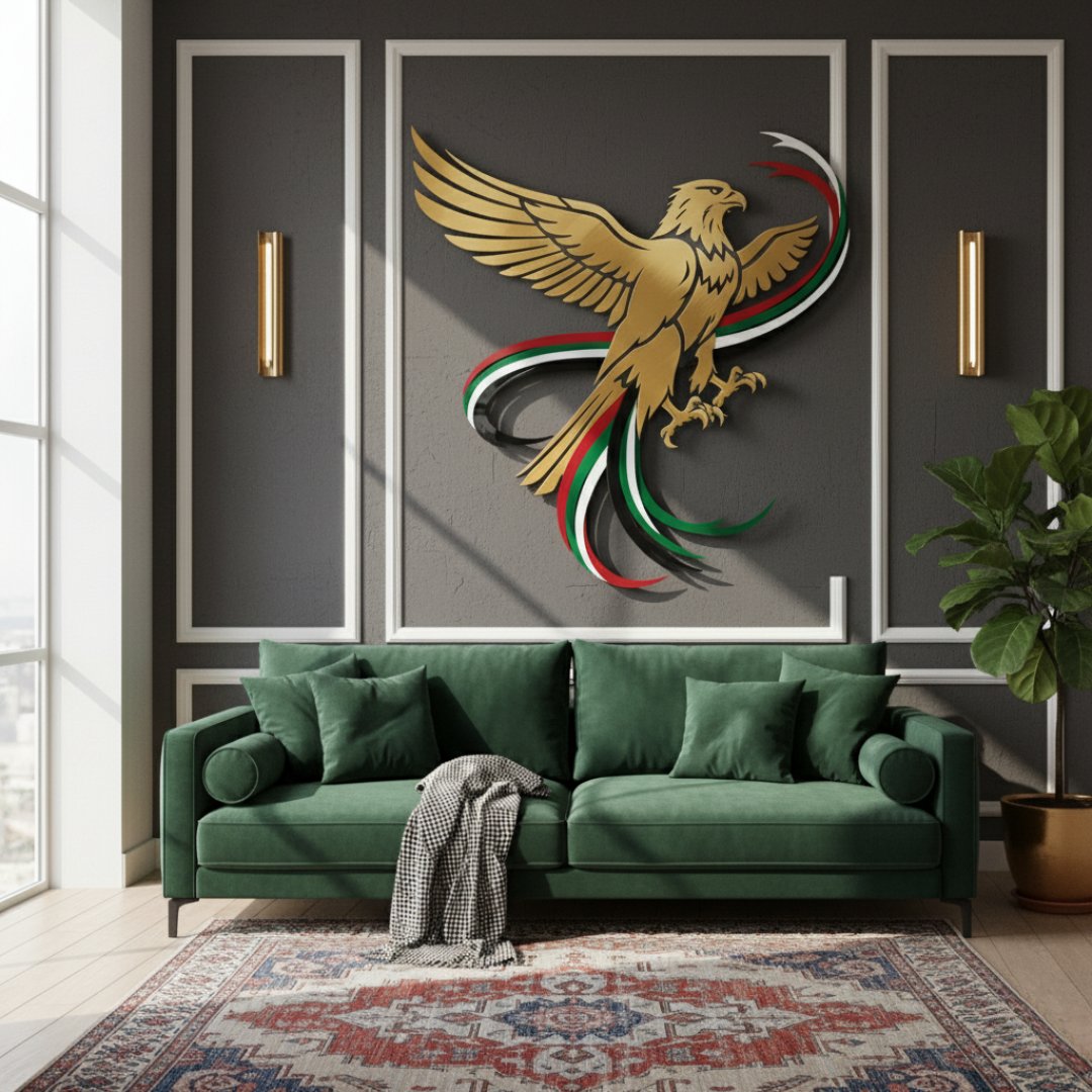 Soaring UAE Falcon & Flag Ribbons Acrylic Wall Art | National Day Decor..