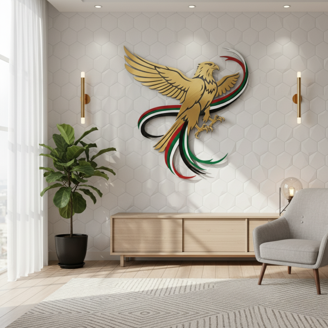 Soaring UAE Falcon & Flag Ribbons Acrylic Wall Art | National Day Decor.