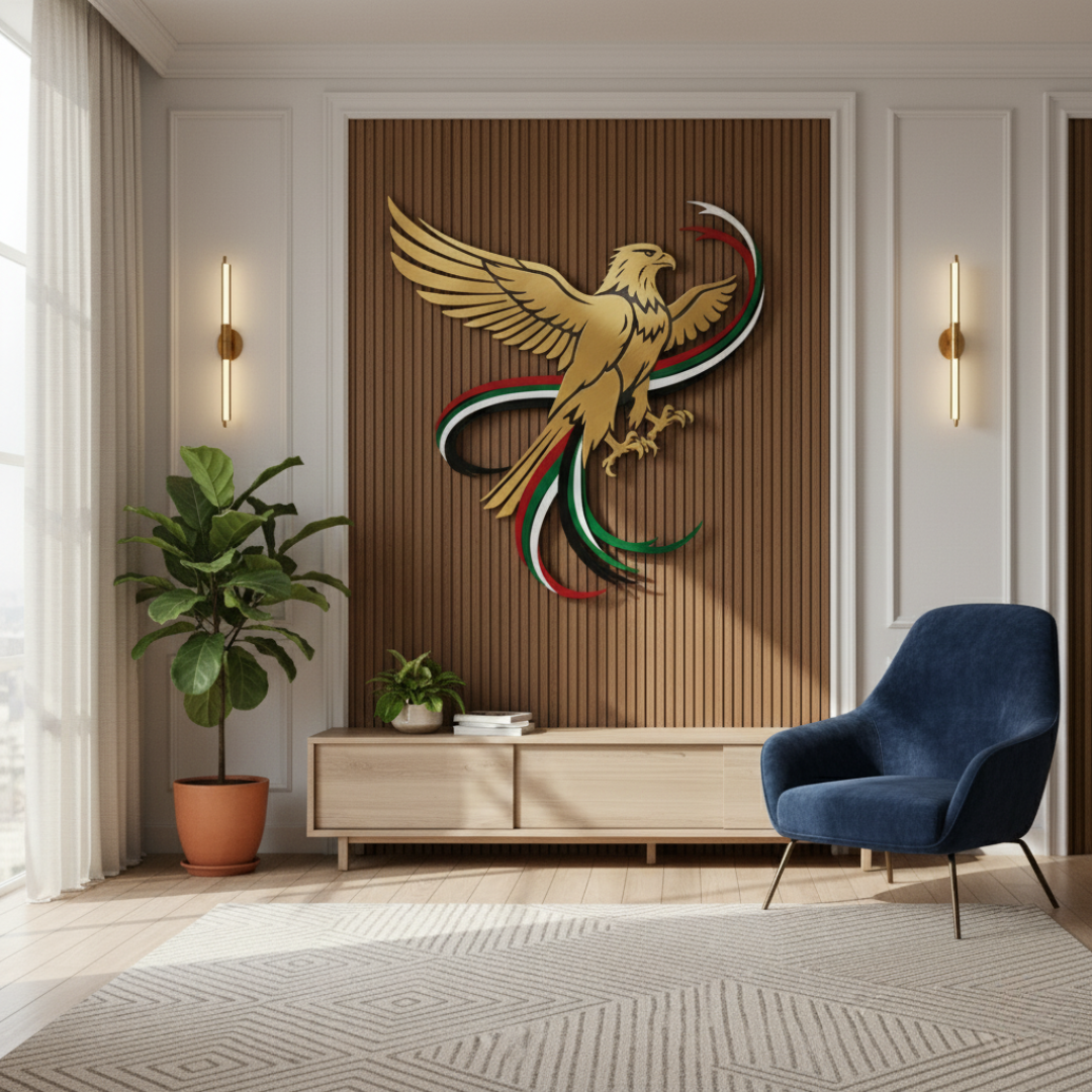Soaring UAE Falcon & Flag Ribbons Acrylic Wall Art | National Day Decor