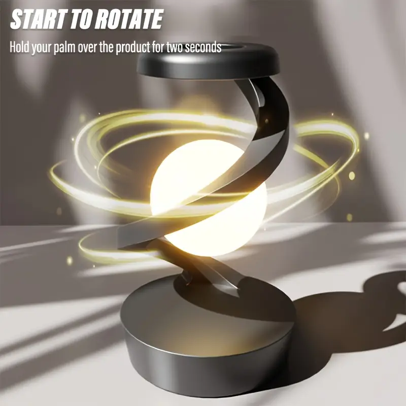 A promotional image featuring a modern spiral bedside lamp with a levitating ball effect, placed on a flat surface, with a description of touch sensor control.