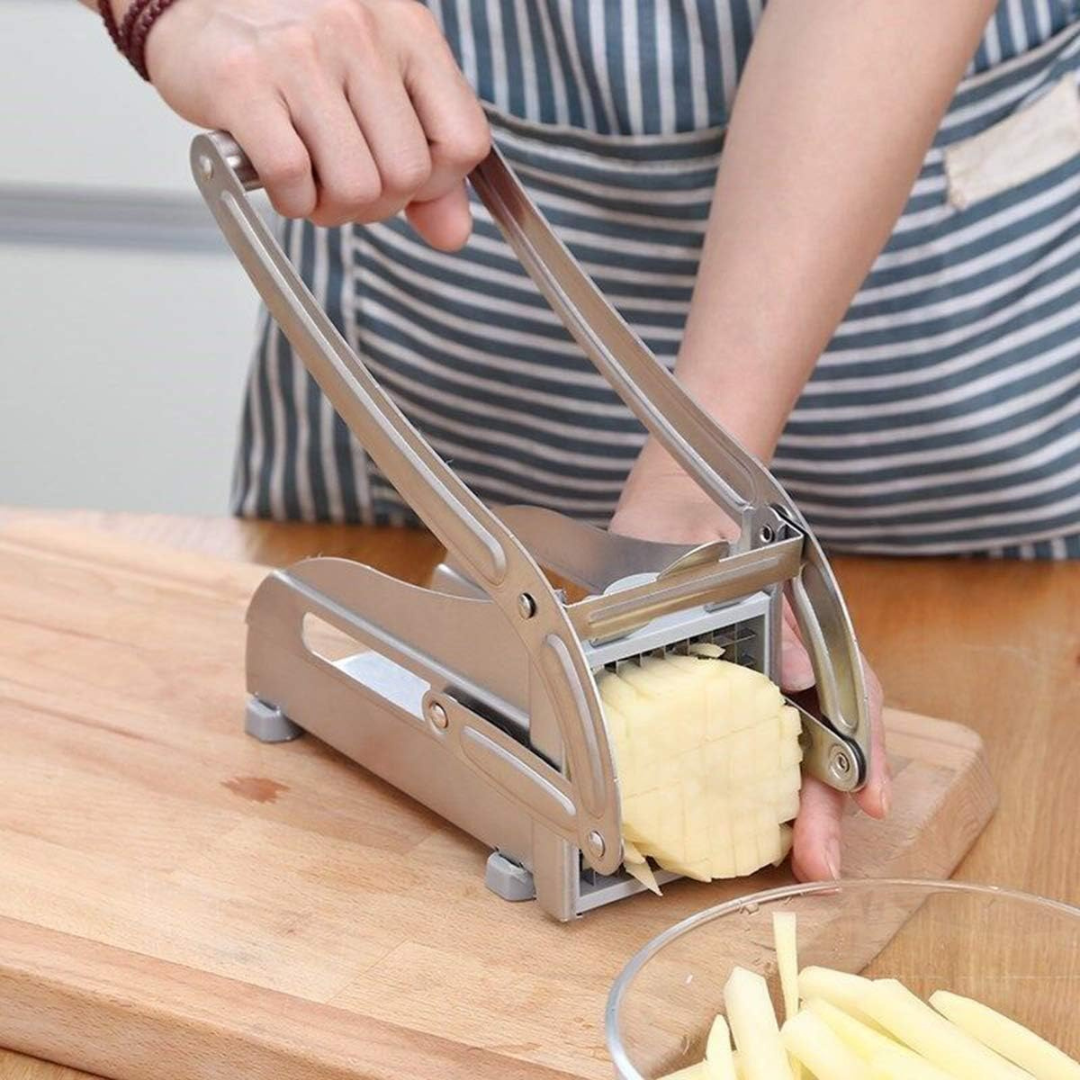 Stainless Steel French Fry Potato Cutter with Reinforced Round Base.
