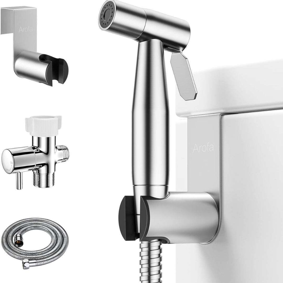 Stainless Steel Handheld Bidet Sprayer Set with Adjustable Pressure Control.