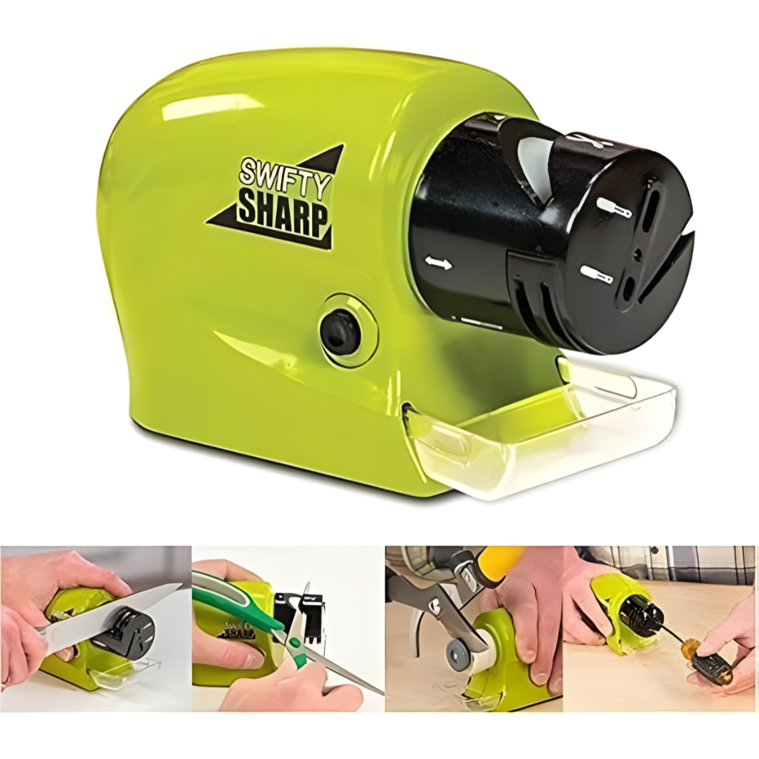 Swifty Sharp – Cordless Motorized Knife Sharpener with Guide Slots & Catch Tray | For Knives, Scissors & Household Tools.