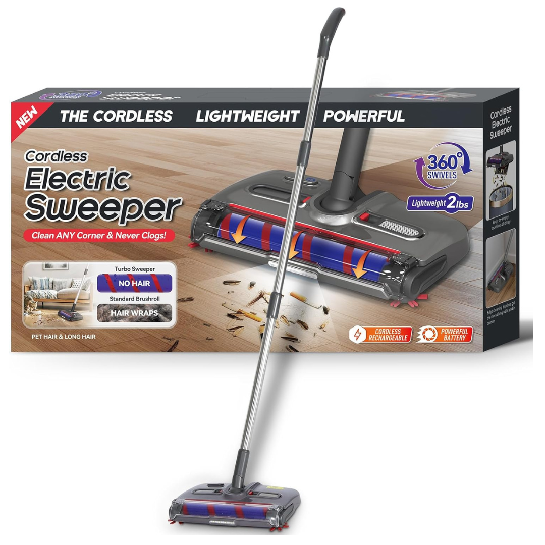 Swivel 360 Cordless Electric Floor Sweeper and Rechargeable Roller