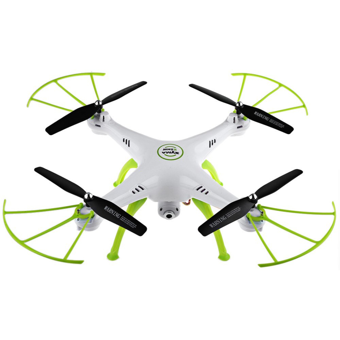 White drone with green and black propellers on a white background