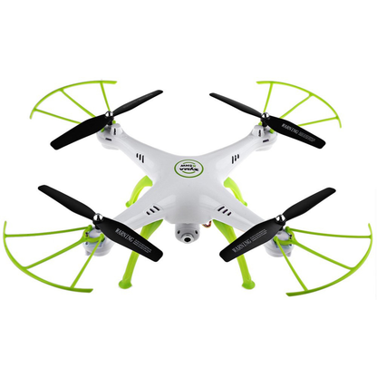 White drone with green and black propellers on a white background