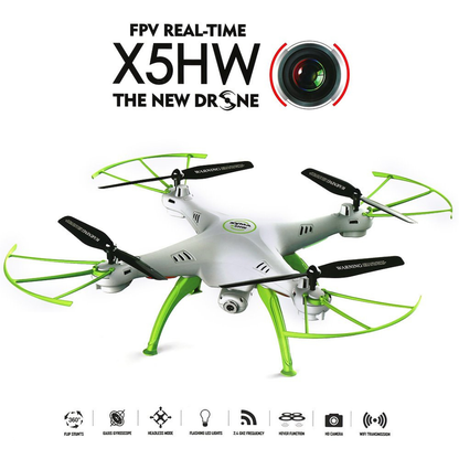 Drone with green landing gear on a white background, featuring text about FPV real-time X5HW.