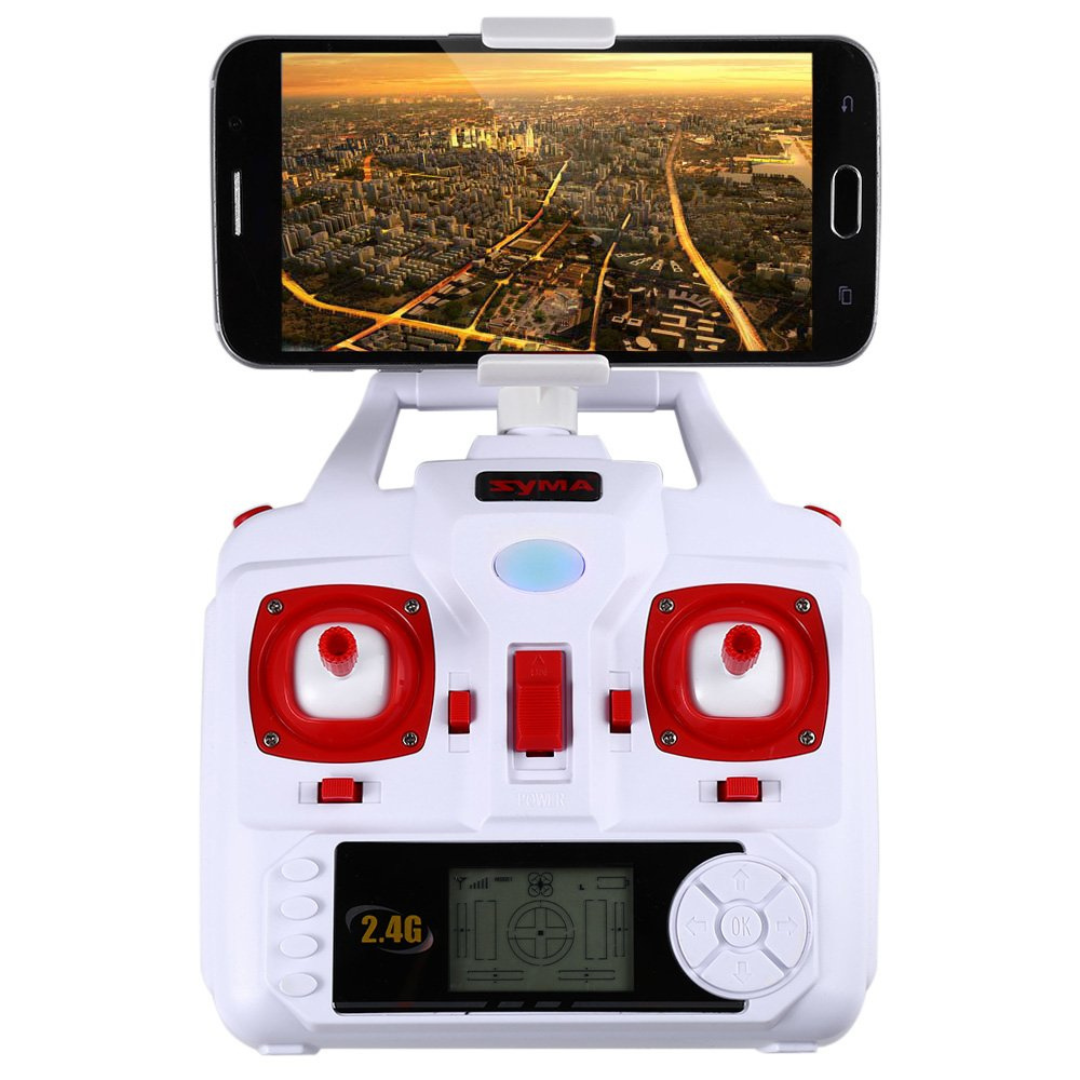 White and red remote control with smartphone holder displaying a cityscape.