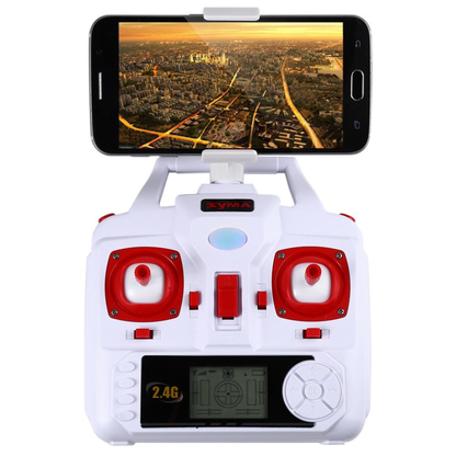 White and red remote control with smartphone holder displaying a cityscape.