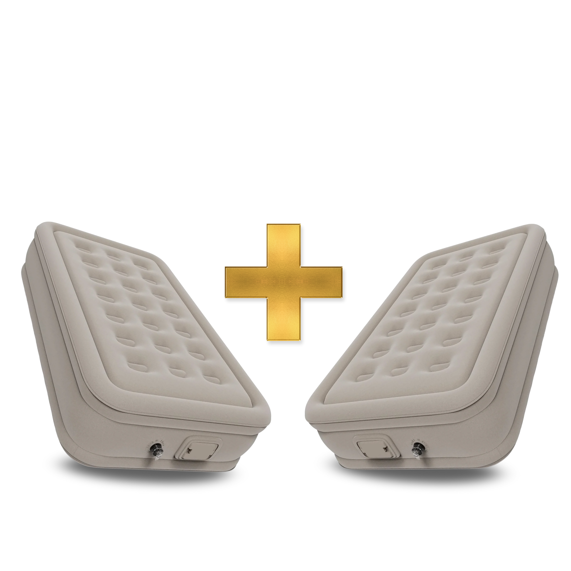Two beige inflatable beds with a gold plus sign between them on a white background