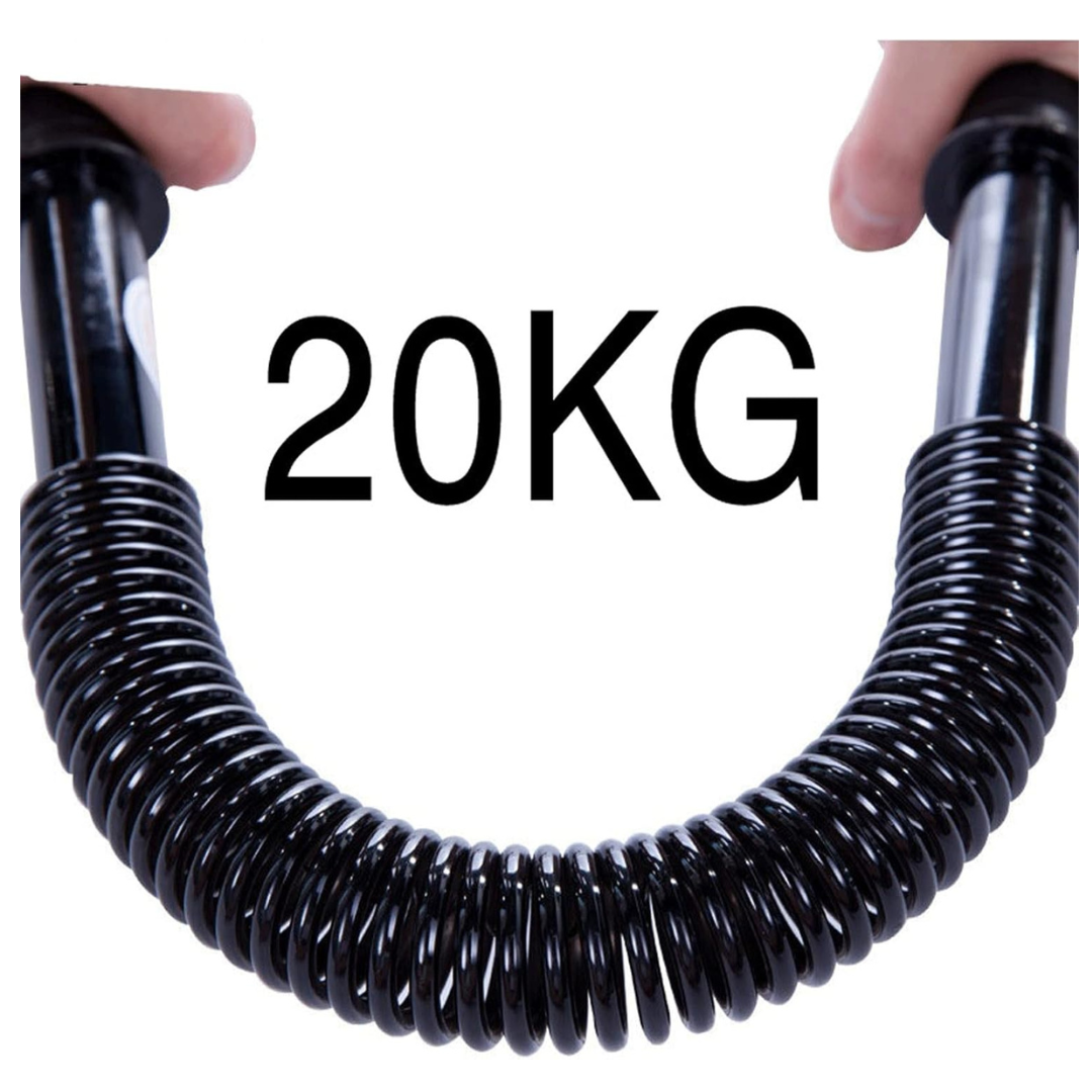 Black resistance band with '20KG' label held by hands on a white background