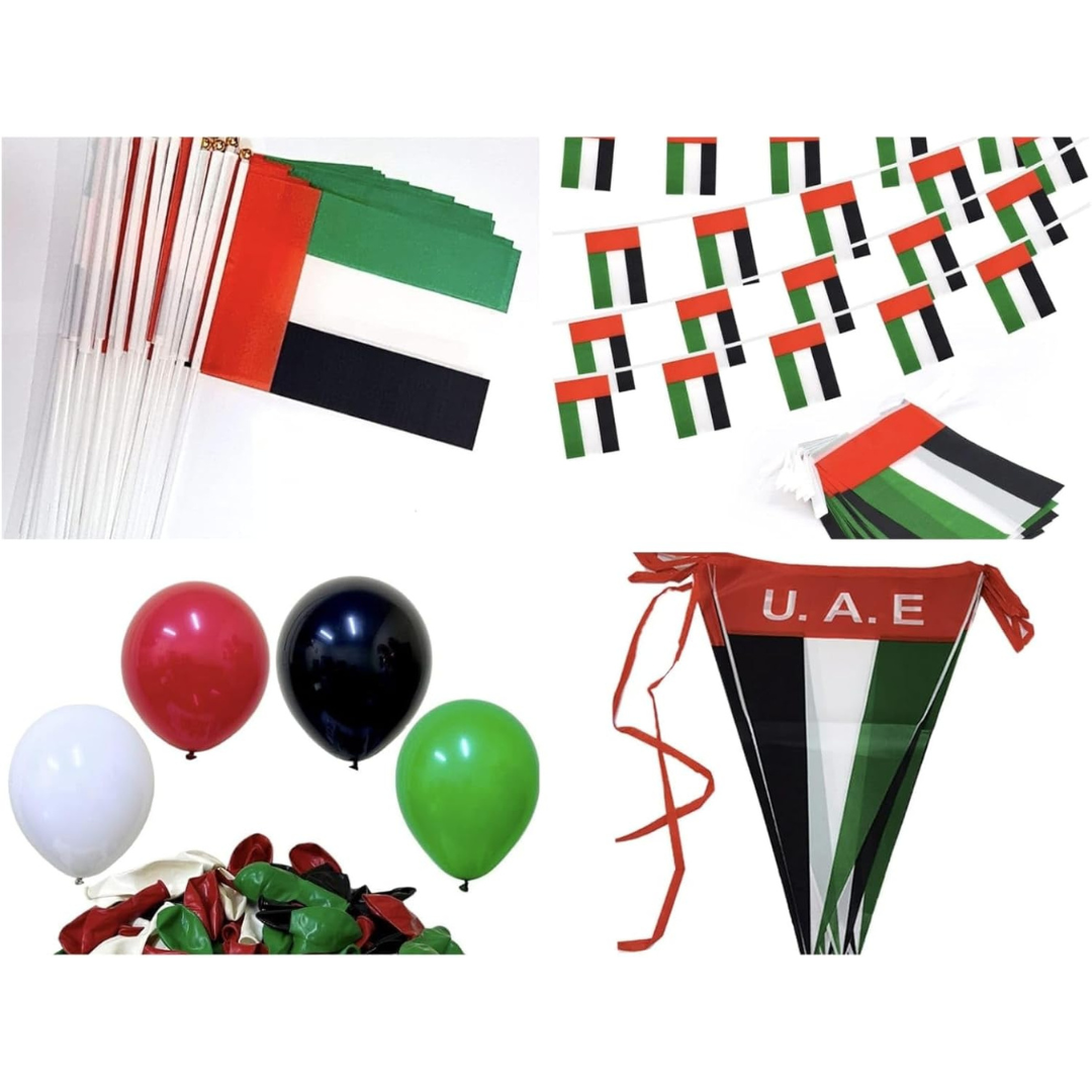 UAE National Day Decoration Set, 200 Pieces - String Flags, Balloons, Hand Waving Flags