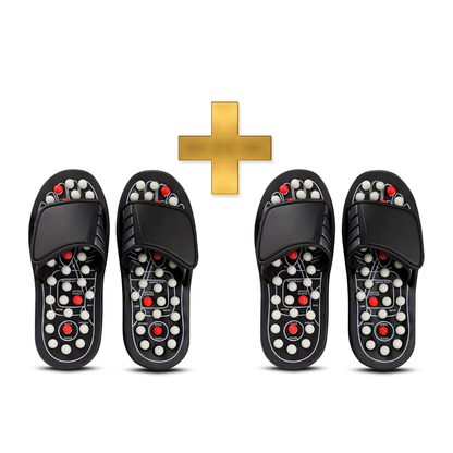 Four pairs of black acupressure sandals with acupressure nodes on a white background.