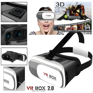 VR Box 2.0 virtual reality headset with multiple views and a person wearing it.
