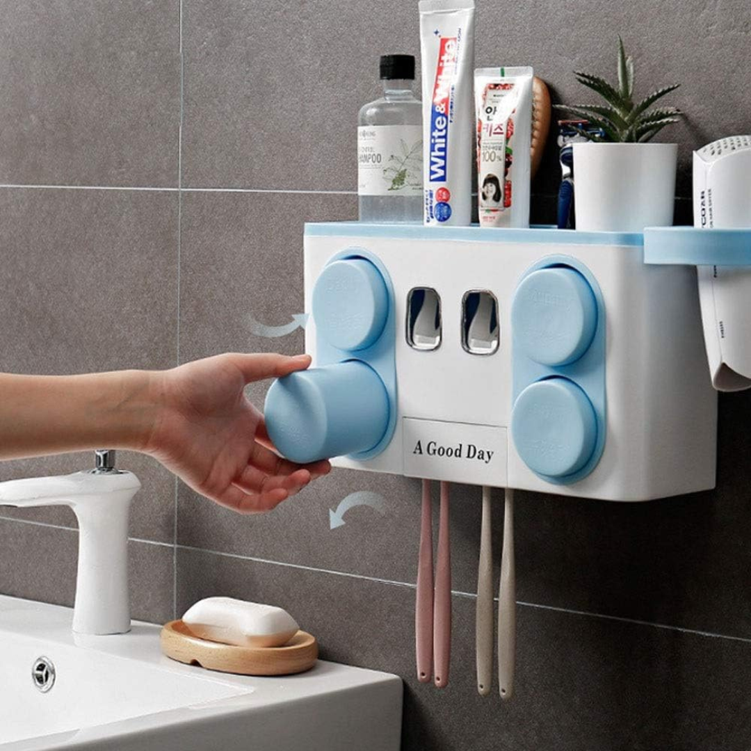 Wall Mounted Toothbrush Holder & Automatic Toothpaste Dispenser with Integrated Hair Dryer Rack 