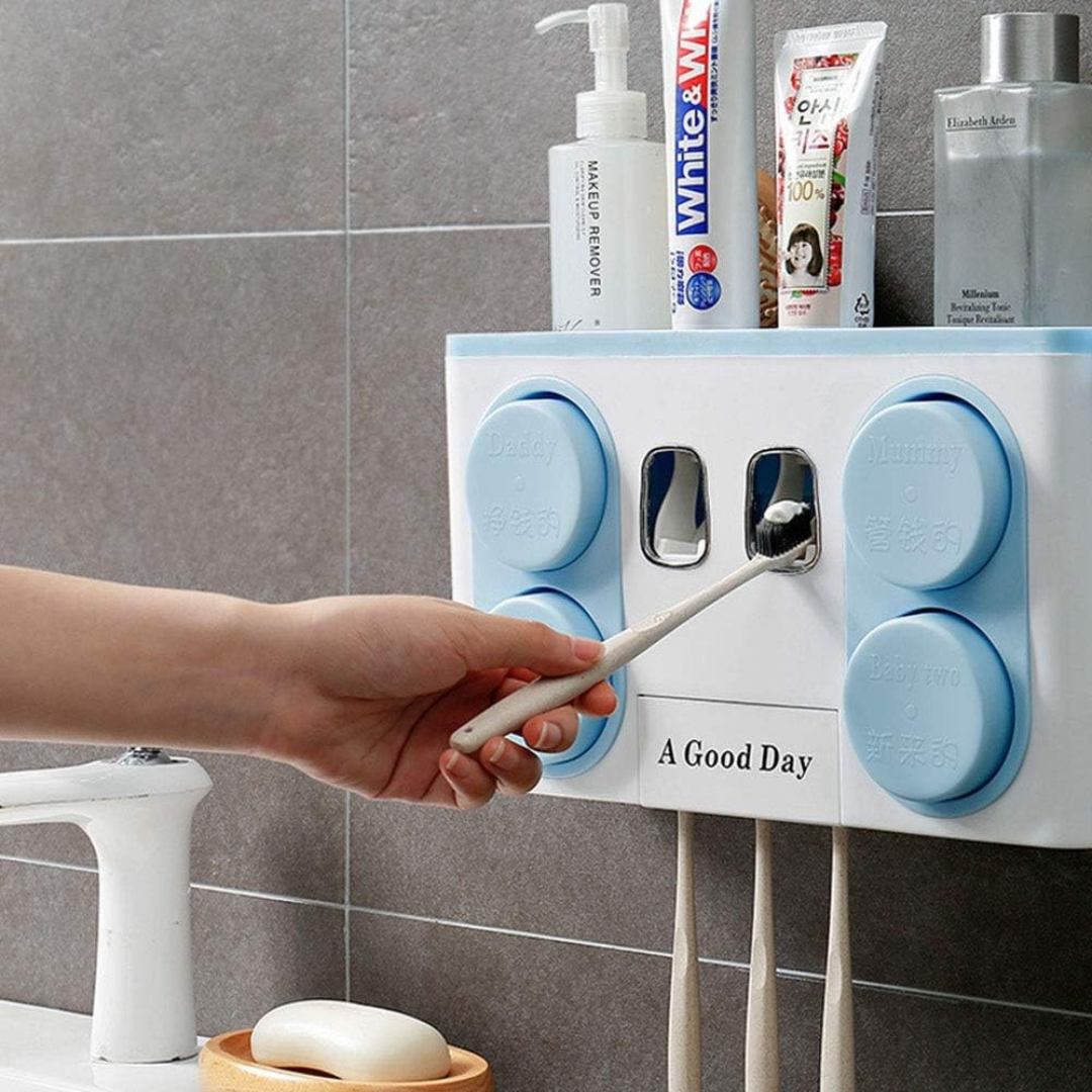 Wall Mounted Toothbrush Holder & Automatic Toothpaste Dispenser with Integrated Hair Dryer Rack – White.