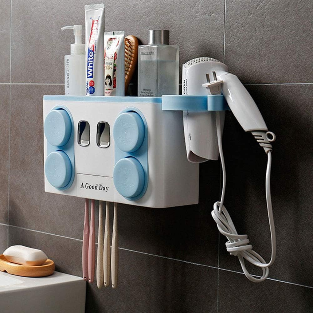 Wall Mounted Toothbrush Holder & Automatic Toothpaste Dispenser with Integrated Hair Dryer Rack – White