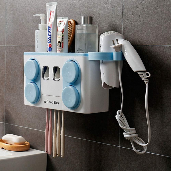 Wall Mounted Toothbrush Holder & Automatic Toothpaste Dispenser with Integrated Hair Dryer Rack – White