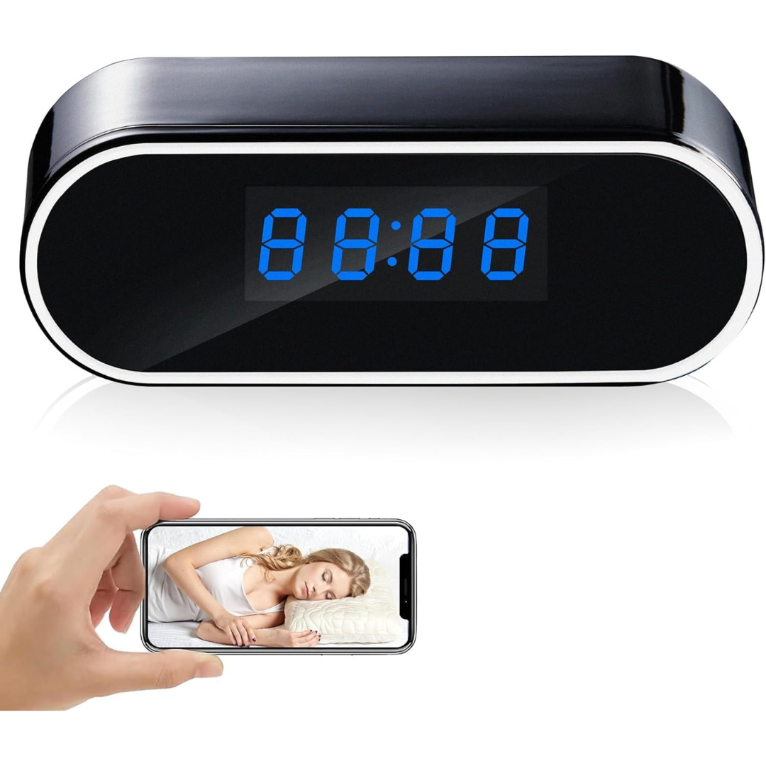 WiFi Digital Clock Camera with 1080p Night Vision and Motion Detection.