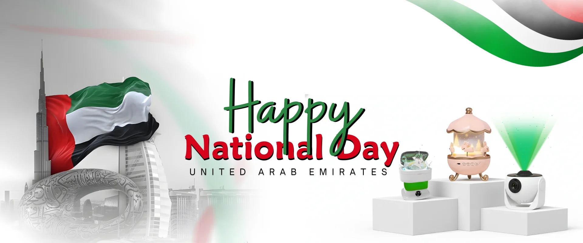 Happy National Day United Arab Emirates banner with national flag, landmarks, and decorative items, uaeclicks_desktoppp main banner